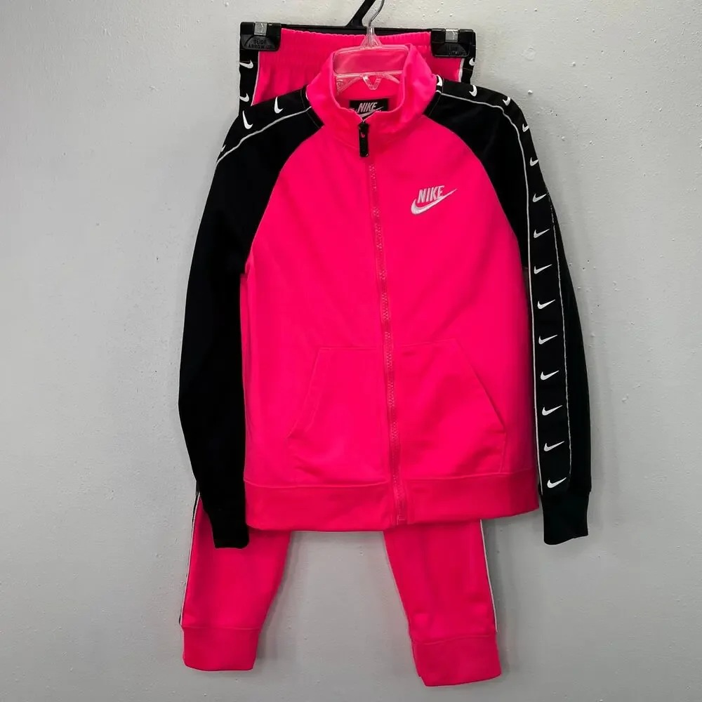 Nike Tracksuit Set Joggers Jacket 6X Girls Pink Black Logo Print Matching Zip - Picture 2 of 10